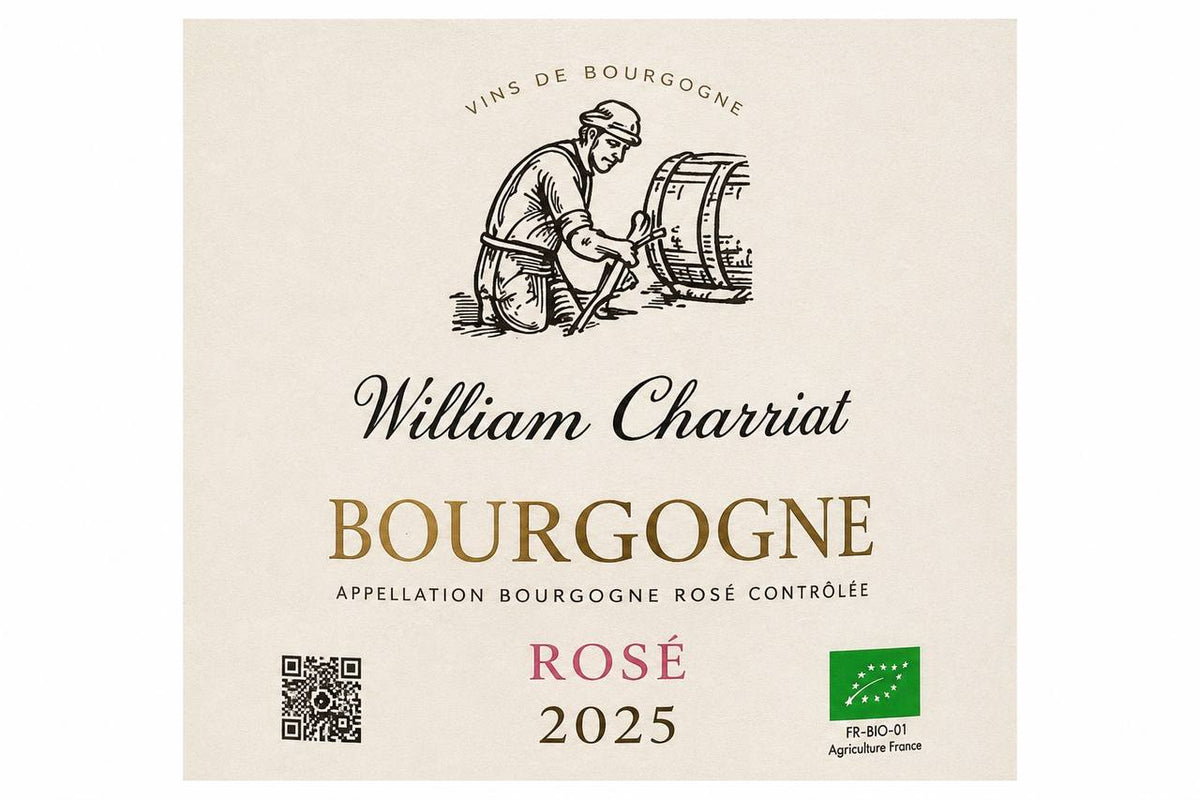William Charriat Bourgogne Rosé 2025 – officiel frontetiket med QR- og økologimærke