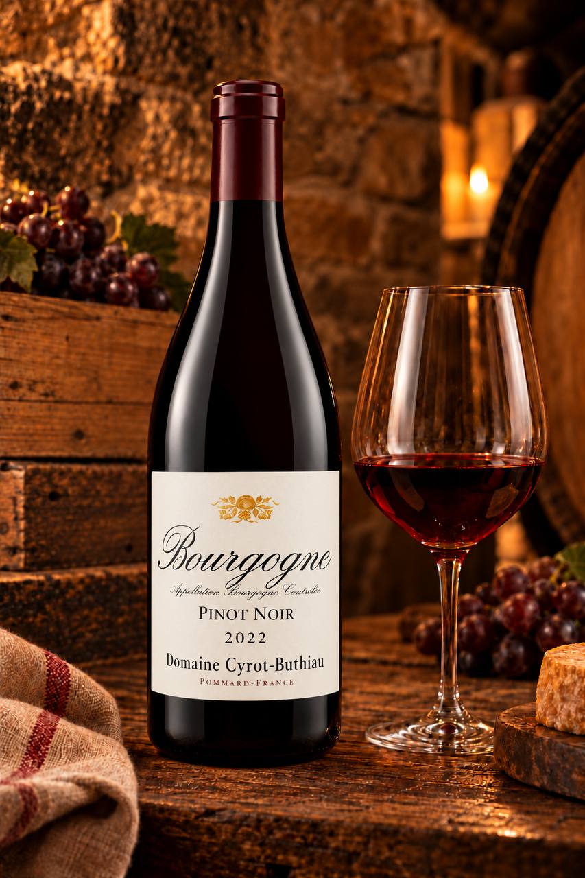 Domaine Cyrot-Buthiau Bourgogne Pinot Noir 2022 – flaske i kældermiljø
