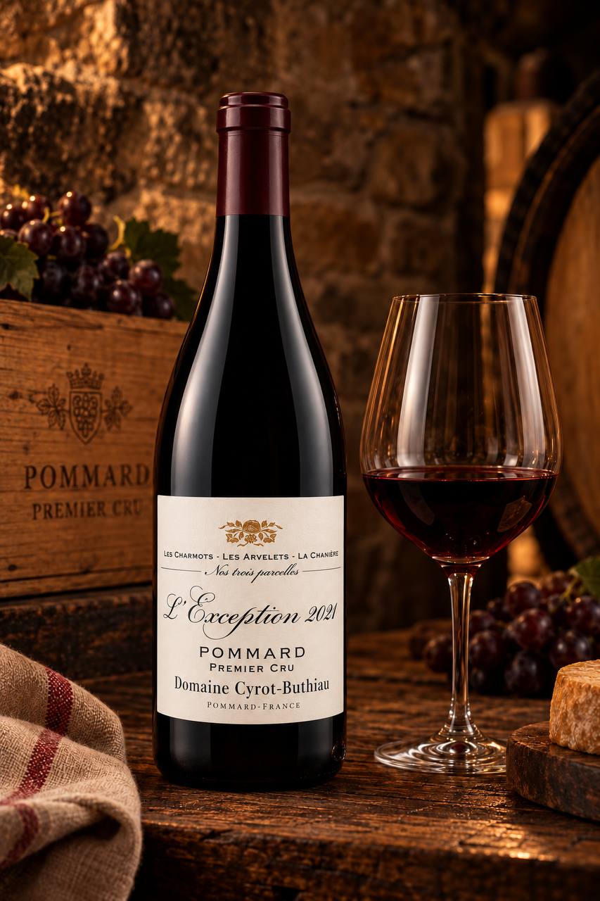 Domaine Cyrot-Buthiau Pommard 1er Cru “L’Exception” 2021 – flaske i kældermiljø