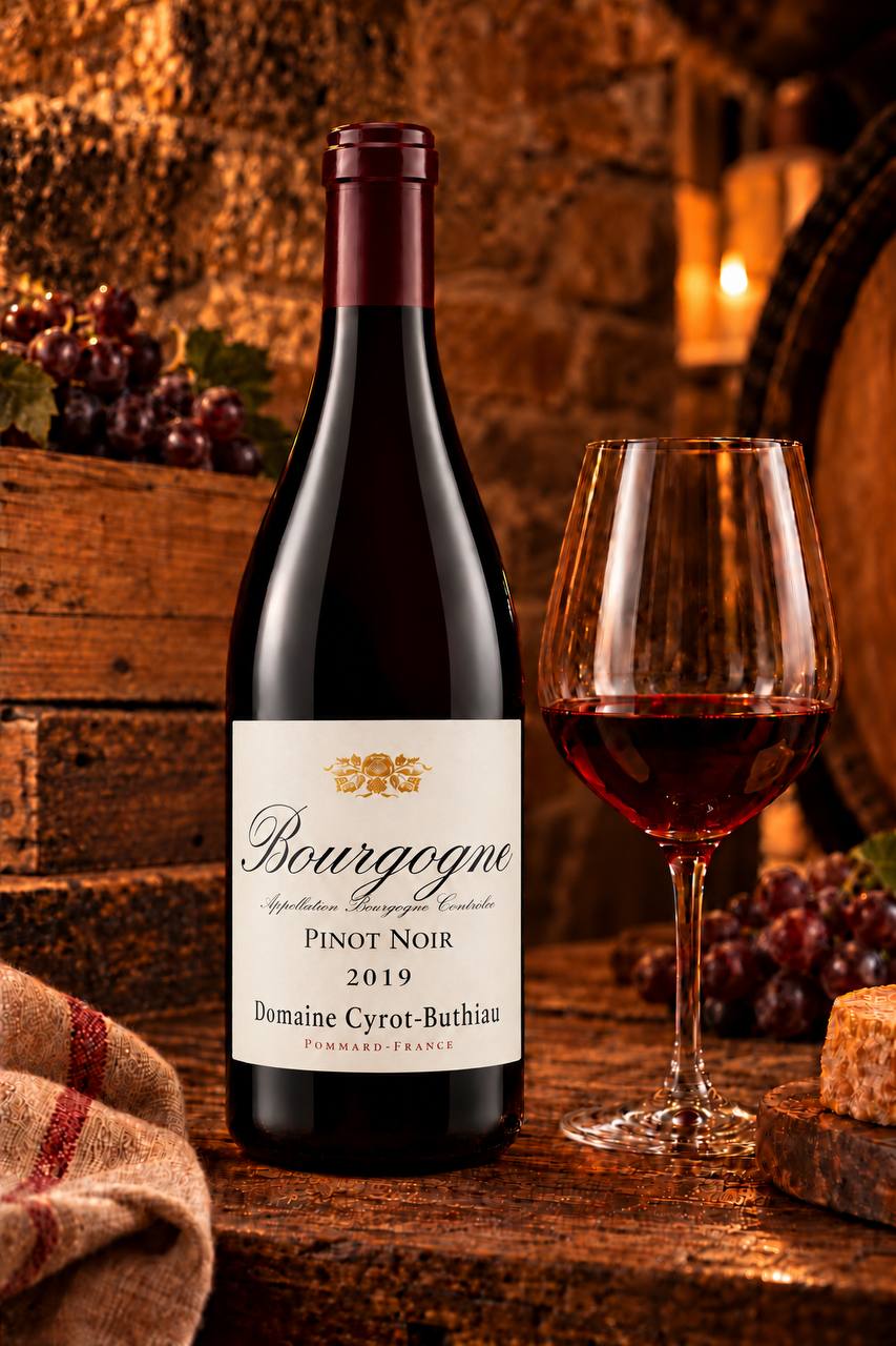 Domaine Cyrot-Buthiau Bourgogne Pinot Noir 2019 – flaske i kældermiljø