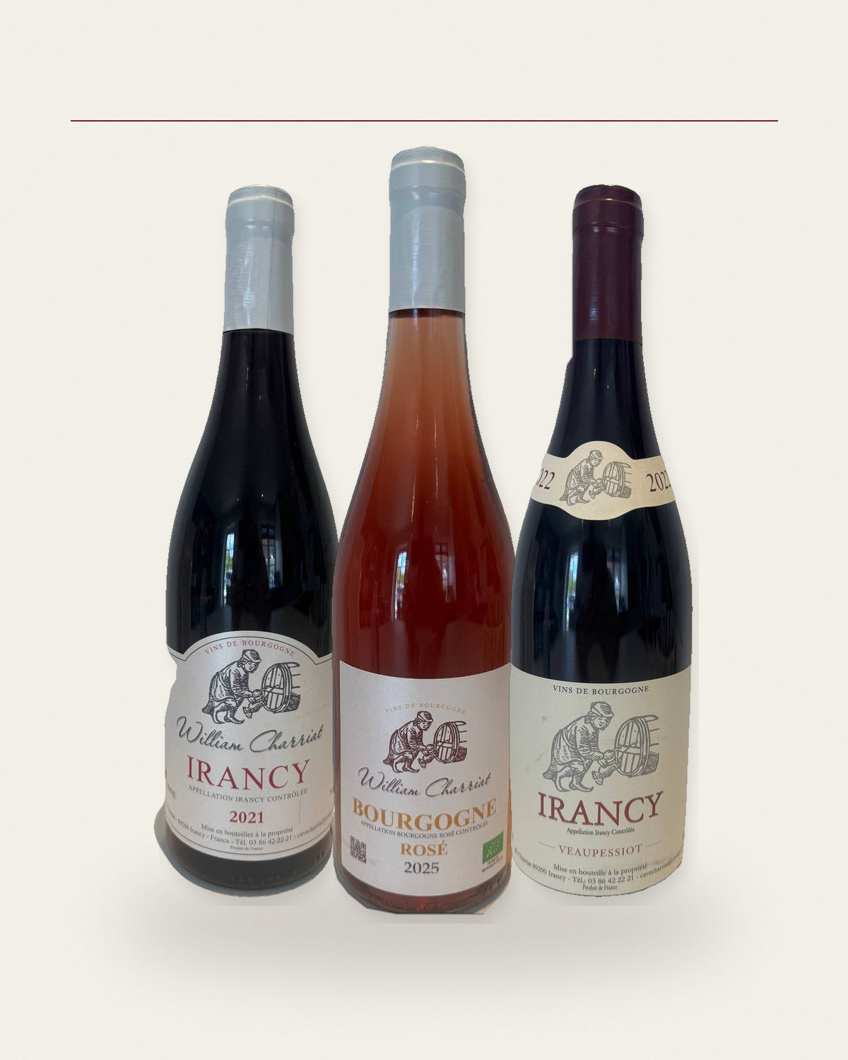 Mød William Charriat — tre flasker: Irancy 2021, Bourgogne Rosé 2025 og Irancy Veaupessiot 2022