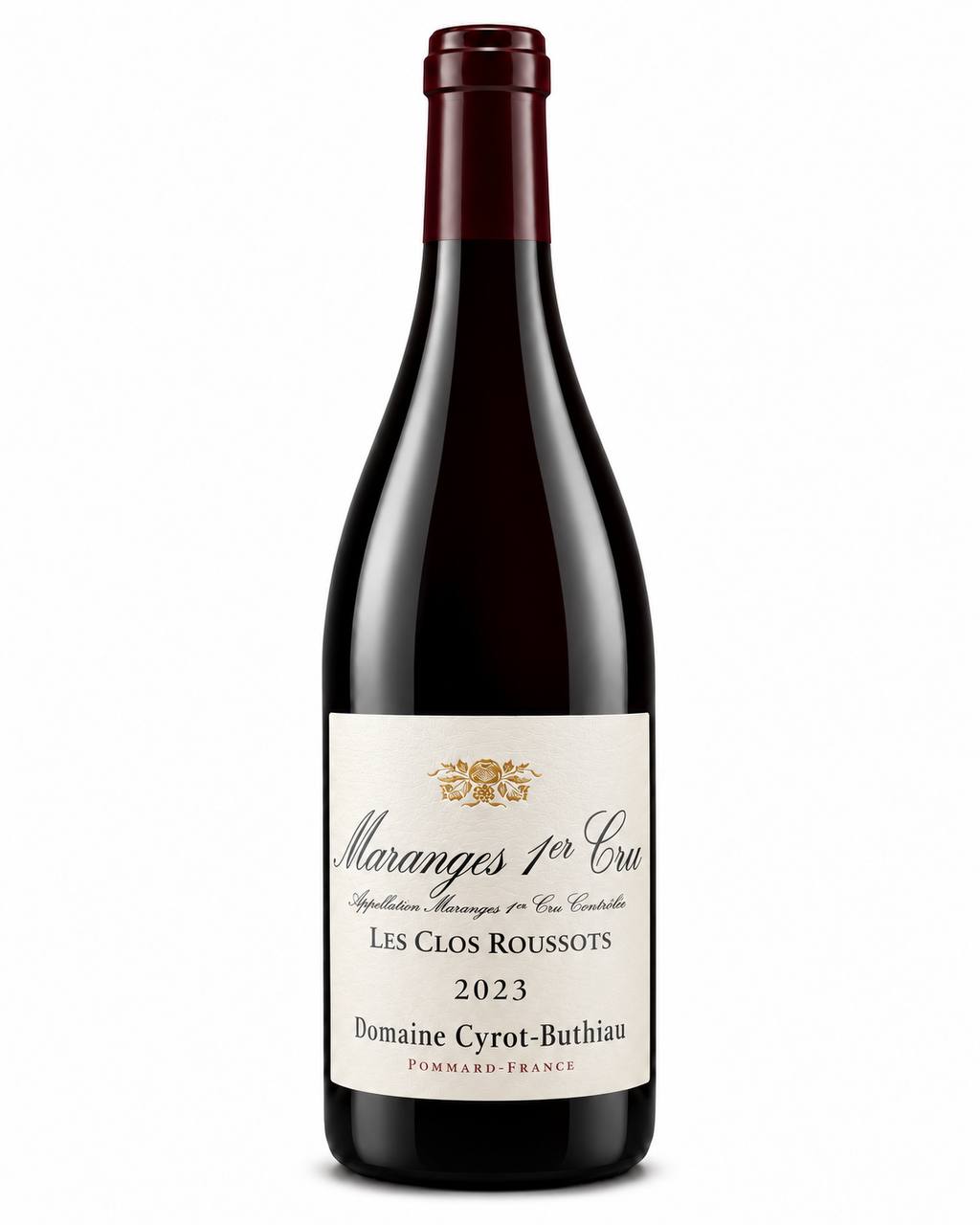 Domaine Cyrot-Buthiau Maranges 1er Cru “Les Clos Roussots” 2023 – flaske på hvid baggrund