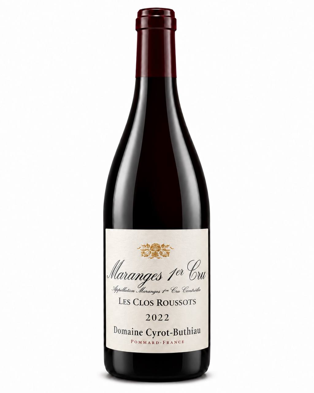 Domaine Cyrot-Buthiau Maranges 1er Cru “Les Clos Roussots” 2022 – flaske på hvid baggrund