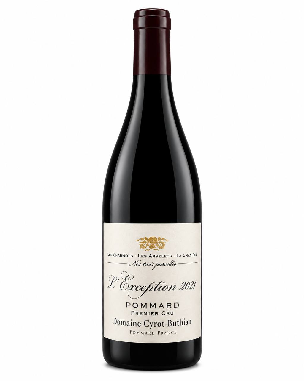 Domaine Cyrot-Buthiau Pommard 1er Cru “L’Exception” 2021 – flaske på hvid baggrund