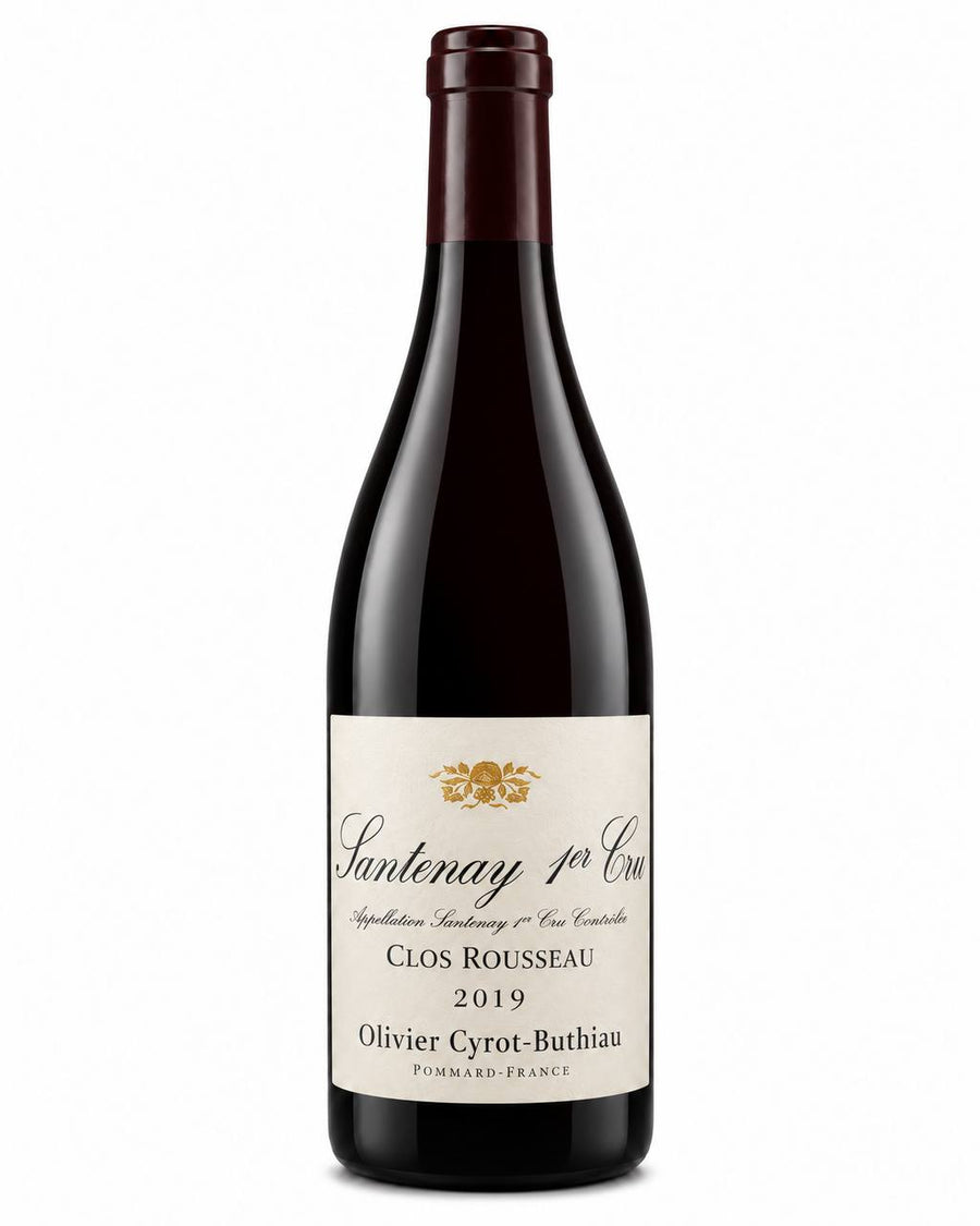 Domaine Cyrot-Buthiau Santenay 1er Cru “Clos Rousseau” 2019 – flaske på hvid baggrund