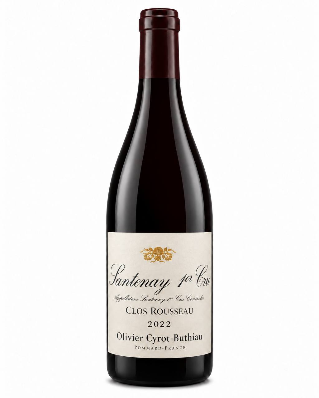 Domaine Cyrot-Buthiau Santenay 1er Cru “Clos Rousseau” 2022 – flaske på hvid baggrund