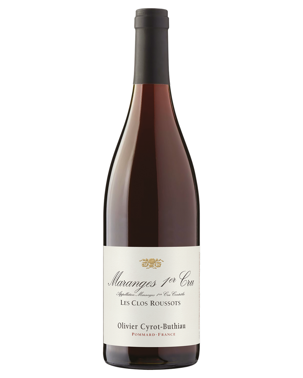 Domaine Cyrot-Buthiau Maranges 1er Cru "Les Clos Roussots" 2023 – flaske på hvid baggrund