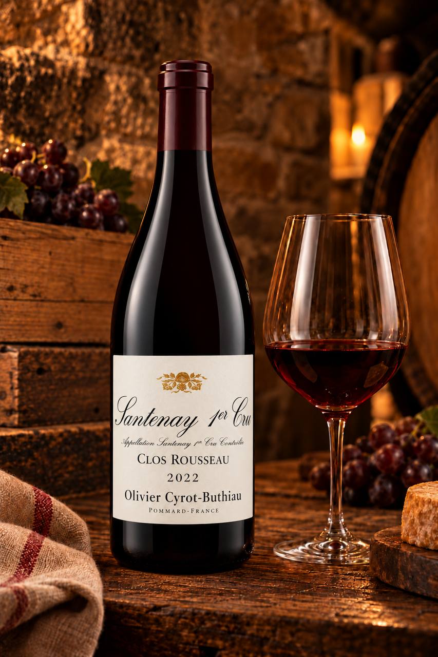 Domaine Cyrot-Buthiau Santenay 1er Cru “Clos Rousseau” 2022 – flaske i kældermiljø